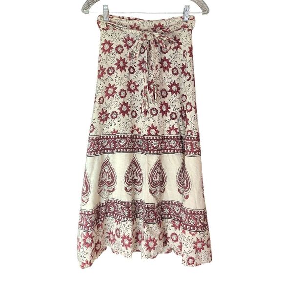 VTG India Cotton Off White Red Floral Block Print Midi Wrap Skirt *XS- Med - Picture 4 of 16